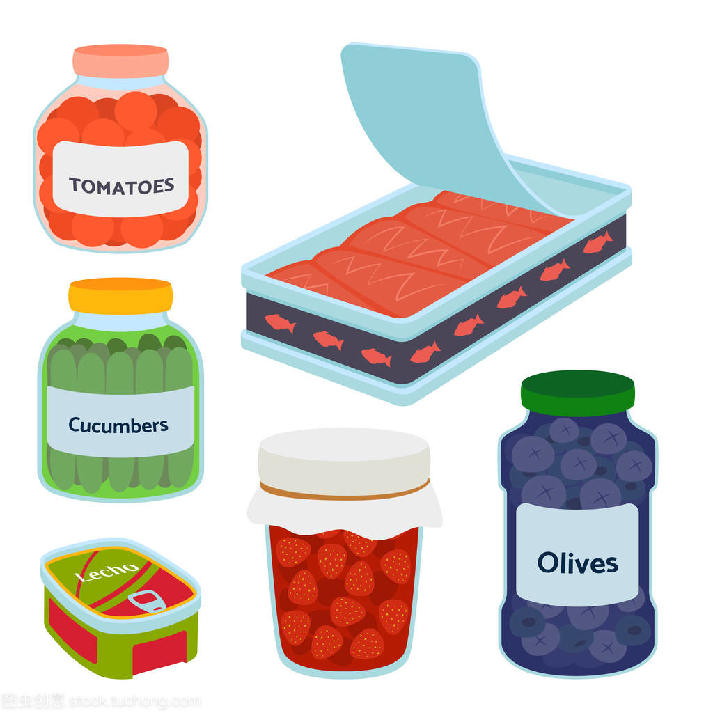 收集各種罐頭罐裝貨物食品金屬容器產品矢量圖